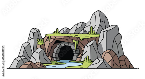 A stylized illustration of a rocky cave entrance with a stream flowing out