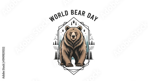 Illustration of a brown bear standing in a natural habitat with a cityscape background, promoting World Bear Day conservation awareness with a mix of wildlife and urban elements.