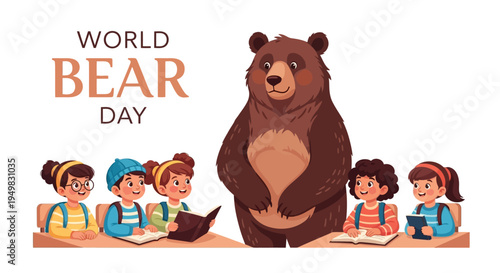 Illustration of children engaging in educational activities with a large brown bear on World Bear Day, promoting conservation awareness and wildlife protection in a colorful and informative