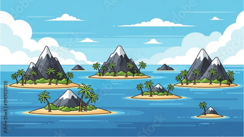 A serene landscape of several small tropical islands with mountains and palm trees rising from blue waters under a cloudy sky.