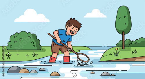 A joyful child in boots fishes in a shallow stream with a net