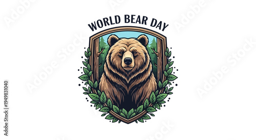 Illustration of a brown bear in a natural habitat with green leaves and trees, promoting World Bear Day with a conservation awareness theme.