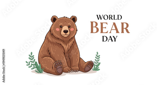 Illustration of a brown bear sitting in a natural setting with green leaves for World Bear Day, promoting bear conservation awareness with a vector design.