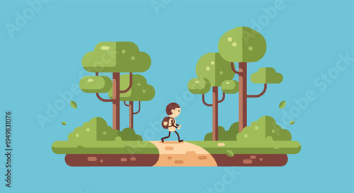 A lone hiker with a backpack walks on a dirt path through a stylized forest