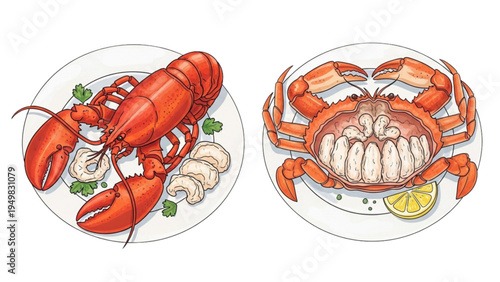 Delicious seafood dinner with lobster and crab on plates
