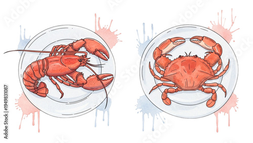 Two seafood dishes featuring lobster and crab on plates indoors