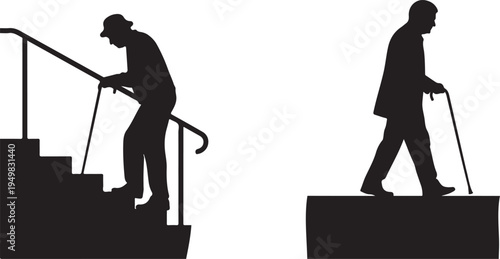 Elderly Man Ascending Stairs with Cane and Man Walking with Cane Isolated on white background