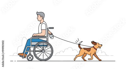 Person in wheelchair walking a dog on a leash outdoors
