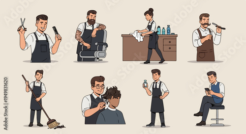Set of Professional Barber and Hairdresser Character Illustrations at Work in a Barbershop Environment, Featuring Hair Cutting, Grooming, and Cleaning Tasks.