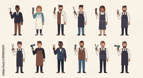 Professional diverse group of barbers and hairstylists standing with salon tools including scissors, combs, hair dryers, and razors in a flat illustration style.