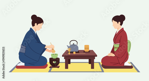 Two women in kimonos prepare and enjoy a traditional tea ceremony