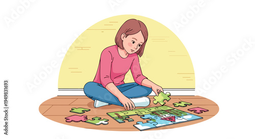 A girl sits cross-legged, concentrating on assembling a jigsaw puzzle on the floor