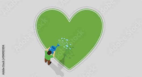 Person watering a large green heart-shaped area with a blue watering can