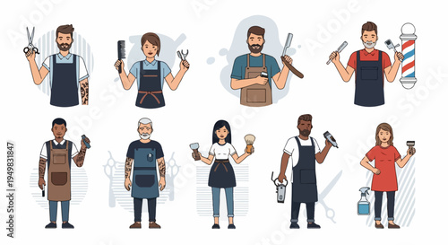 Diverse set of barber and hairstylist character illustrations holding professional grooming tools like scissors, razors, and clippers.
