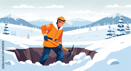 A person digs in a snowy mountain landscape with pickaxe and shovel