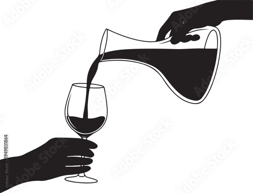 Wine Pouring Silhouette: Hand Decanting Red Wine into Glass Isolated on white background