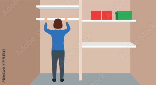 Person organizing storage shelves with colored boxes