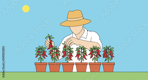 A person in a hat tends to potted chili pepper plants under a bright sun