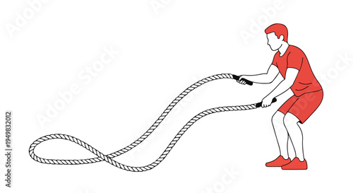 Person in red shirt and shorts performing battle rope exercise with waves