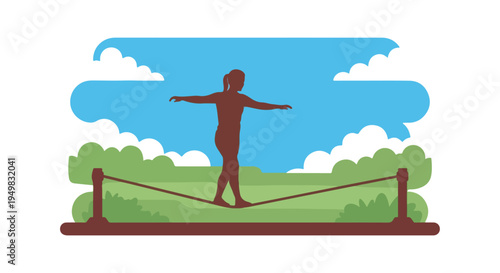 Person balancing on a rope with arms outstretched in a park