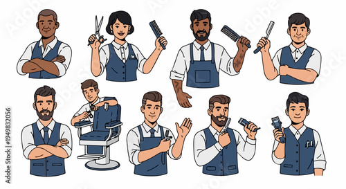 Set of diverse barber and hairdresser characters holding grooming tools, including scissors, combs, and clippers, in a professional cartoon illustration style.