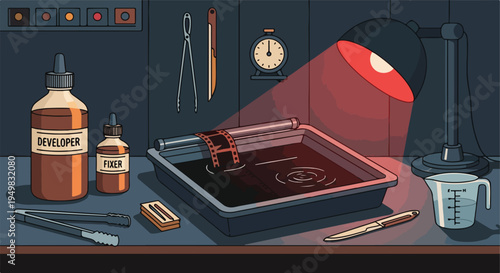 Darkroom setup for developing film with developer, fixer, and measuring tools