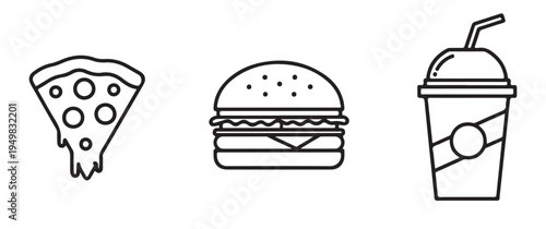 A simple line drawing of a slice of pizza, a hamburger, and a soft drink cup with a straw on a white background.