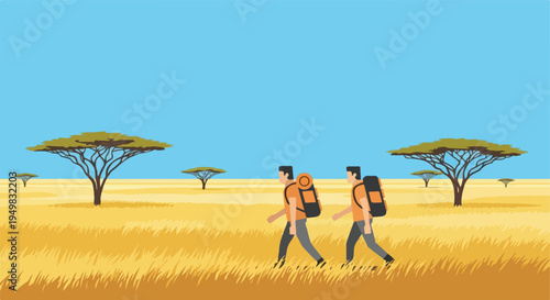 Two hikers walk across a dry savanna landscape with acacia trees