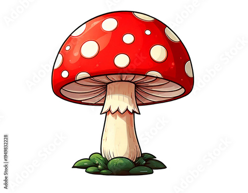Isolated mushroom with a red cap and white spots, cute illustration of a toadstool
