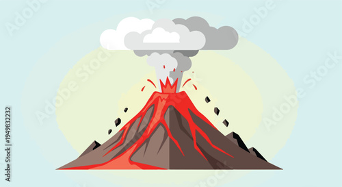 An illustration of a volcano erupting with lava flowing down its sides and smoke billowing
