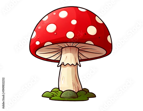 Isolated mushroom with a red cap and white spots, cute illustration of a toadstool