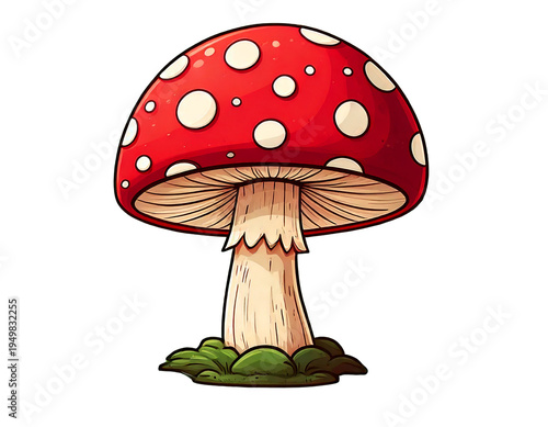 Isolated mushroom with a red cap and white spots, cute illustration of a toadstool