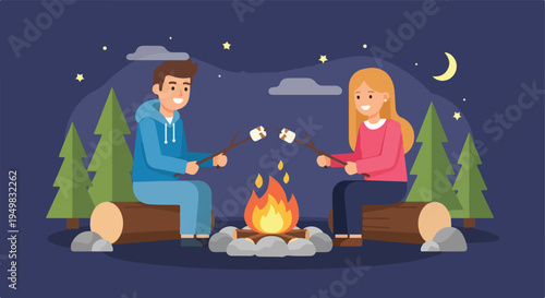 Two smiling people roast marshmallows over a campfire at night
