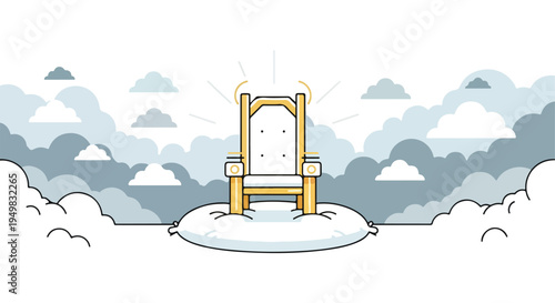 A golden throne rests on a fluffy cloud amidst a sky filled with clouds