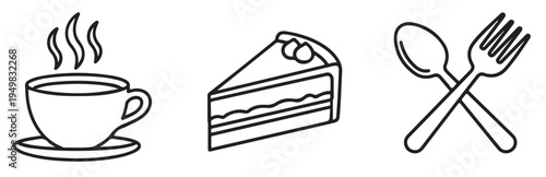 A simple line drawing of a cup of coffee, a slice of cake, and a crossed spoon and fork on a white background