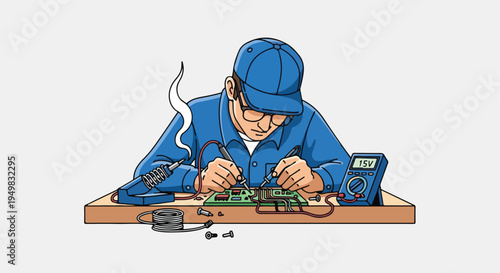 A person in a blue uniform and cap is carefully soldering an electronic circuit board