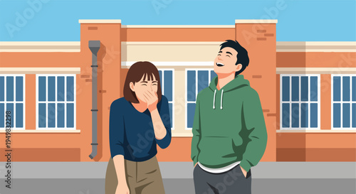 Two young people laughing heartily outside a brick building