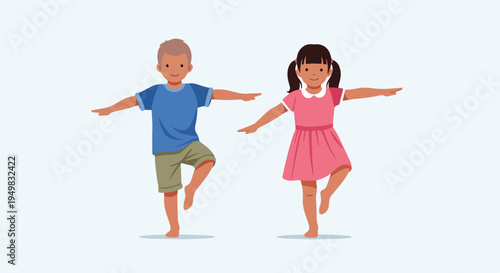 Two children practice a balancing pose, one boy in blue shirt, one girl in pink dress