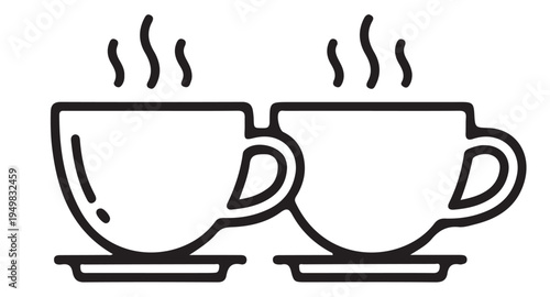 A simple line drawing of two steaming cups of coffee or tea on saucers
