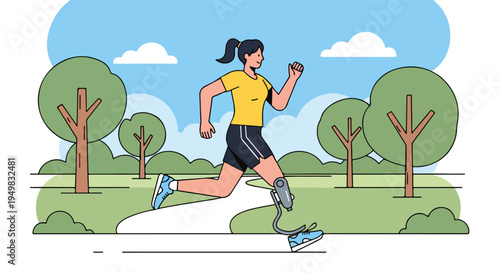 Woman with prosthetic leg running in a park under a blue sky with clouds