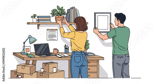 Couple arranging home decor and boxes, suggesting a move or new beginnings