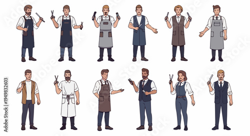 Vector set of professional barbers and hairdressers in aprons and uniforms, holding hair styling tools like scissors and clippers on white background.