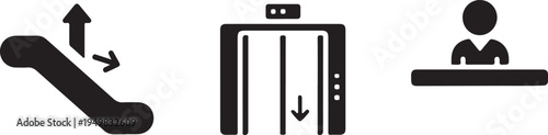 Escalator Elevator and Person Icons Vector Silhouette Isolated on white background