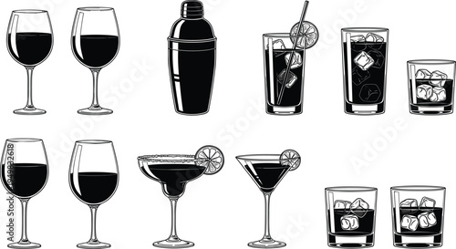 Bar Drinks And Cocktails Icon Set Featuring Wine Glasses Shaker Martini Margarita Whiskey On The Rocks And Long Drinks For Restaurant Menu And Nightlife Design