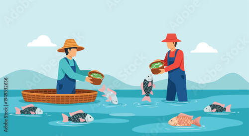 Fishermen in shallow water, one in a boat, catching fish
