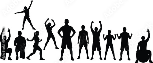 Set of nine black athletic silhouettes, diverse people in fitness poses, workout exercise group, isolated on white background, vector sport collection
