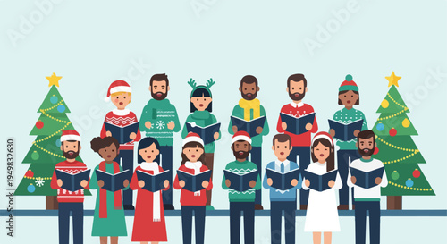 A diverse group of people are joyfully singing carols together near decorated Christmas trees