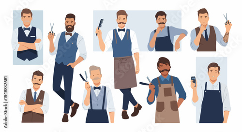 A collection of diverse professional barbers in classic uniforms holding grooming tools like scissors and razors, presented in a flat illustration style.