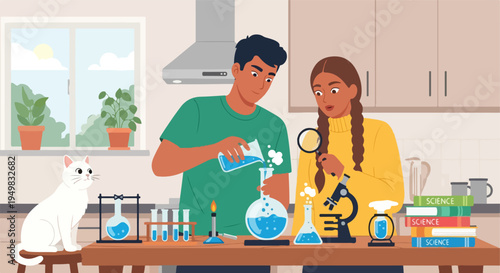 Two people conduct a science experiment with a cat and plants nearby