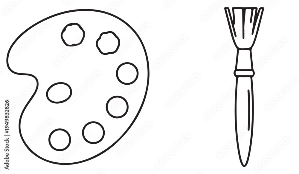 Obraz premium A simple line drawing of a paint palette and brush on a white background